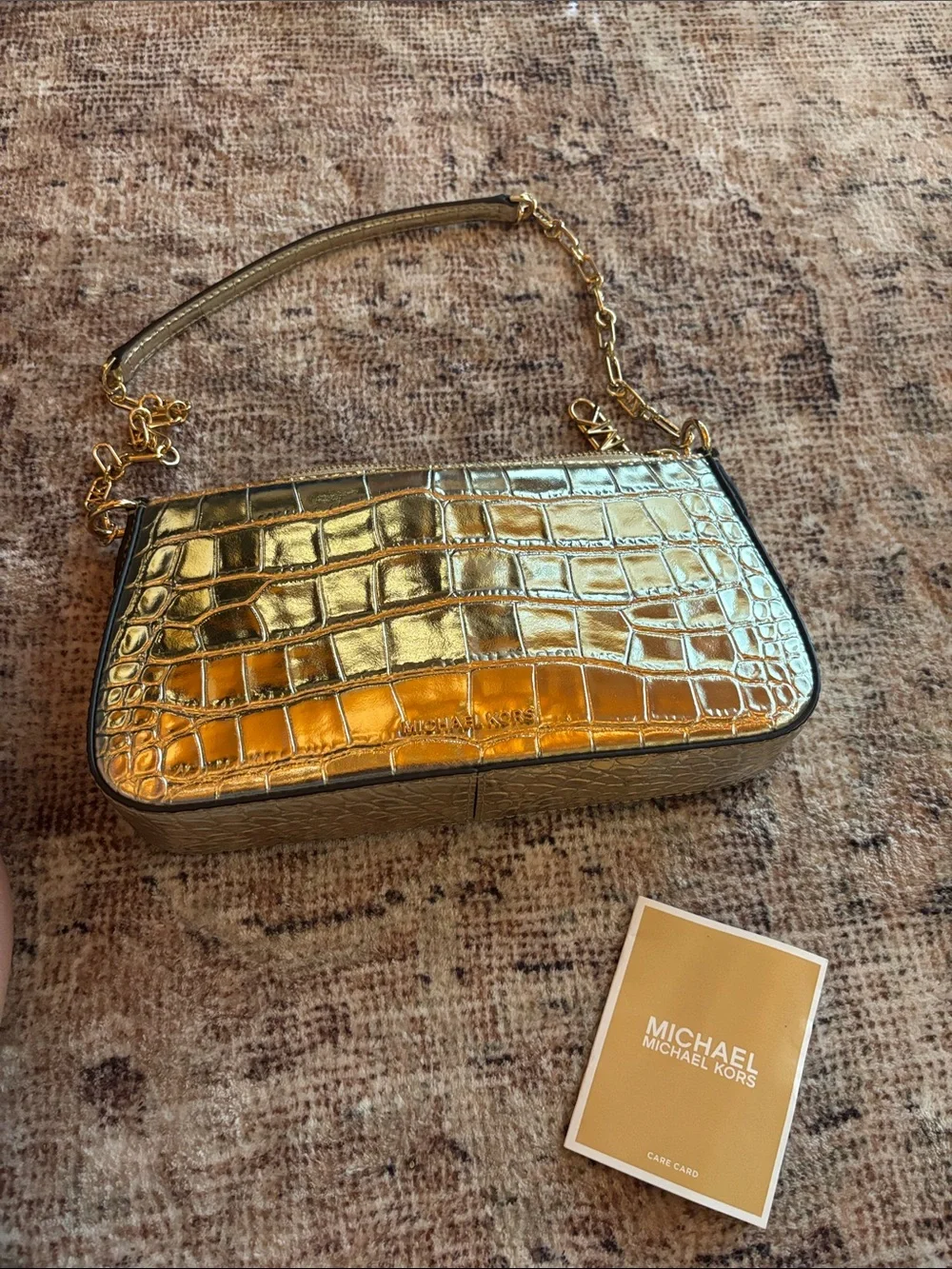 Michael Kors Gold Croc-Embossed Chain Shoulder Clutch